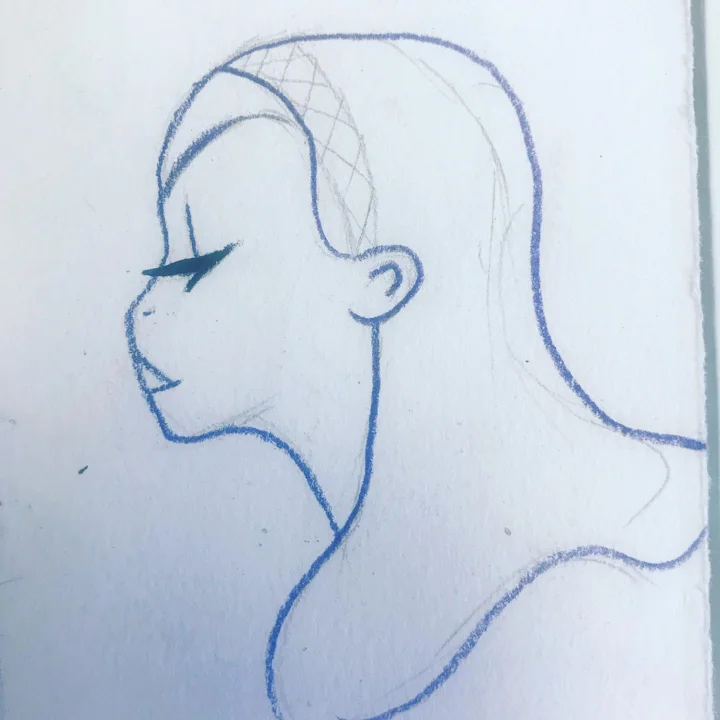 Blue pencil sketch of a woman's profile with closed eyes, long lashes, and hair drawn back.