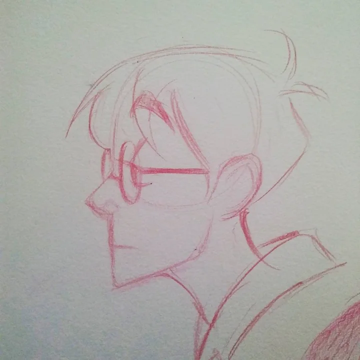 Red pencil sketch of a person with tousled hair and round glasses, seen in profile.