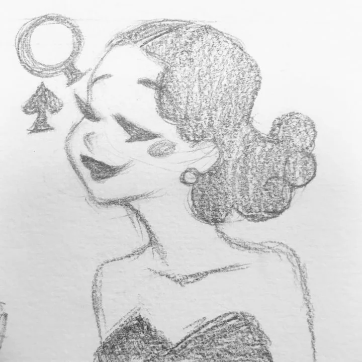 Pencil sketch of a masked woman with a curly updo, styled as a playing card with a Q and spade in the corner.