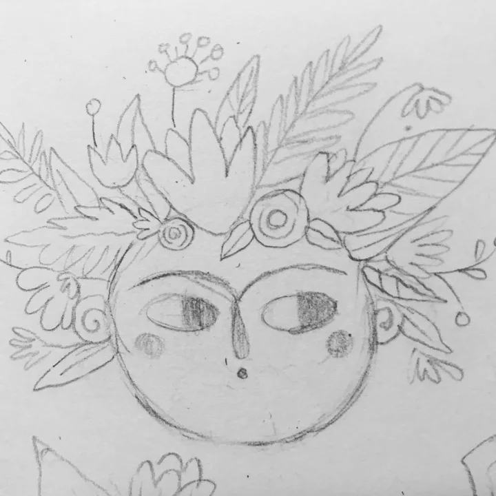 Pencil sketch of a round-faced creature with sideways-glancing eyes and a crown of leaves and flowers.