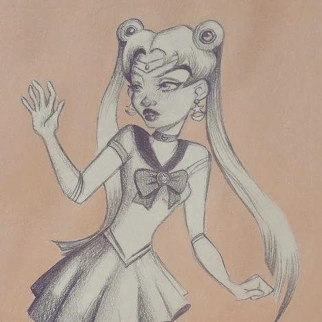 Pencil drawing on toned paper of Sailor Moon in her sailor uniform with long twin ponytails, one hand raised.
