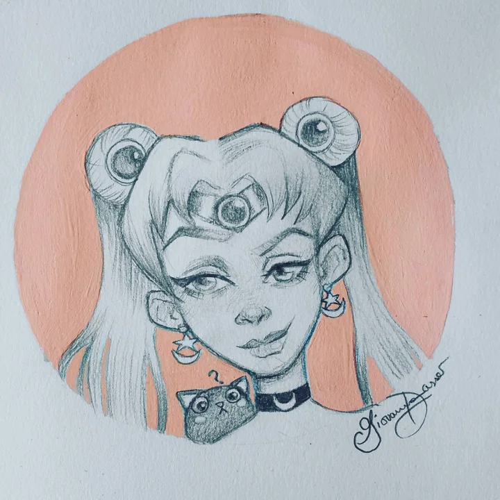 Pencil drawing of Sailor Moon with twin buns, a tiara, and crescent earrings, a black cat below, on a peach circle.