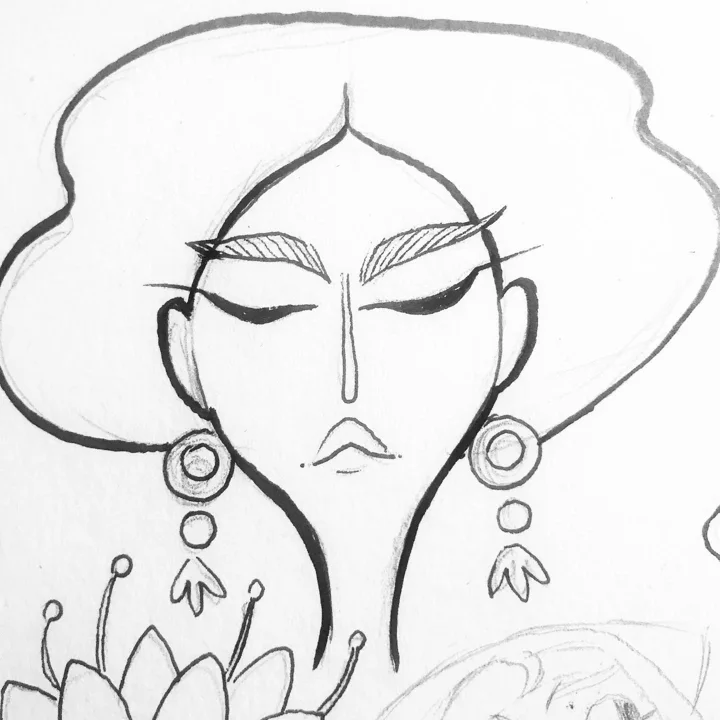 Ink and pencil drawing of a serene woman with closed eyes and round drop earrings above a lotus blossom.