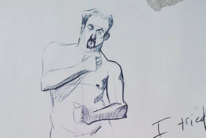 Blue pen sketch of a shirtless bearded man with one hand at his chest, with partial handwritten text at the corner.