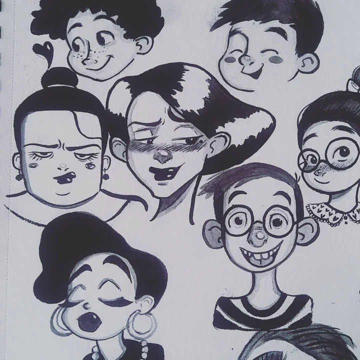Ink sketches of a crowd of cartoon faces with varied hairstyles, glasses, freckles, and expressions.
