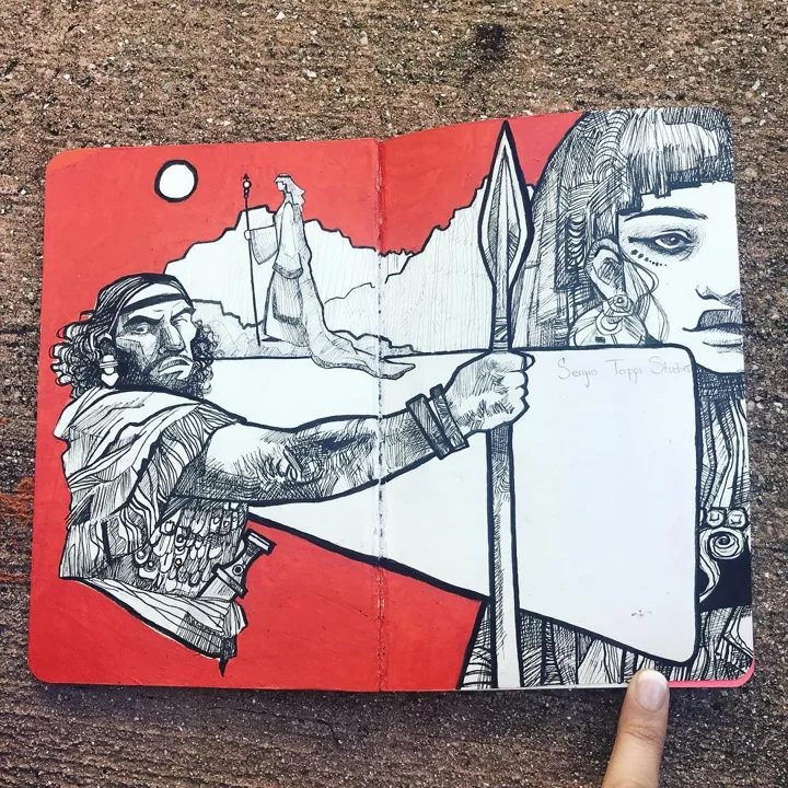 Ink studies on a red sketchbook spread of a bearded spear-bearing warrior, a woman's face, and a robed figure.