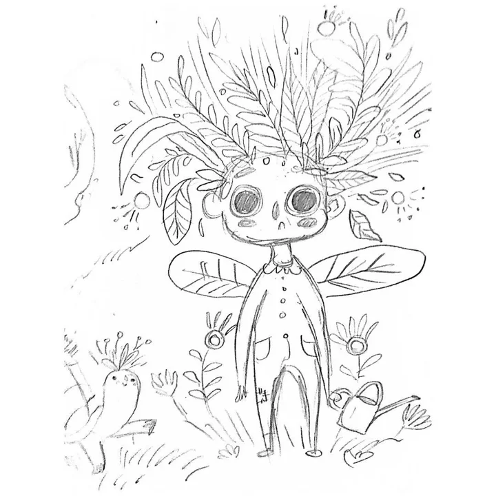 Pencil sketch of a winged, skull-faced sprite with a leafy crown among flowers, a small bird, and a watering can.