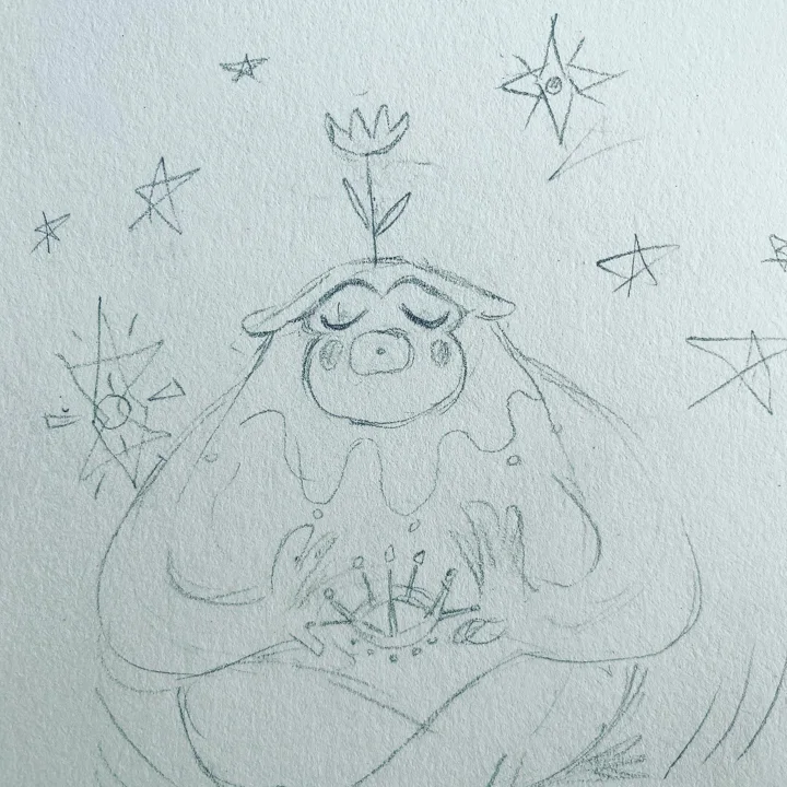 Pencil sketch of a round, sleepy-eyed creature with a flower sprouting from its head, surrounded by stars.