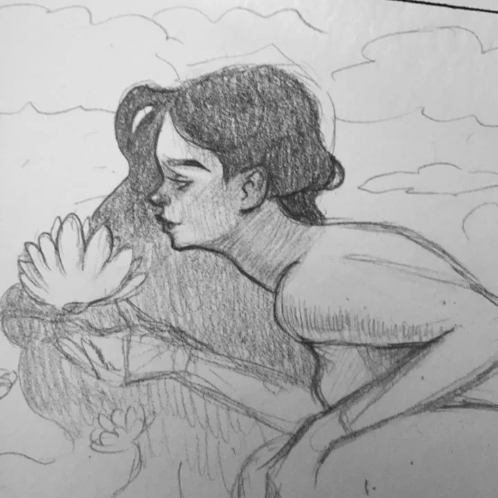 Pencil sketch of a young woman leaning over water to smell a lotus blossom.