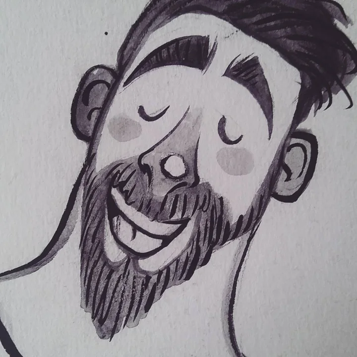Ink and wash caricature of a smiling bearded man with closed eyes and gray-washed cheeks.