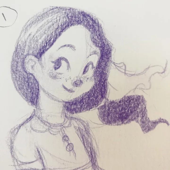 Purple pencil sketch of a smiling round-faced girl with freckles and a long wavy scarf trailing in the wind.