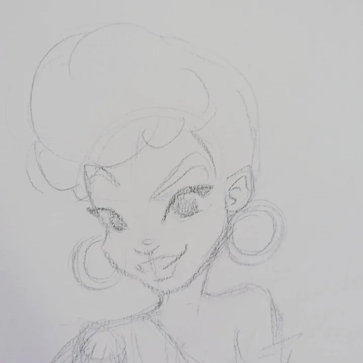 Pencil sketch of a smiling woman with a curly updo and large hoop earrings, lightly drawn.