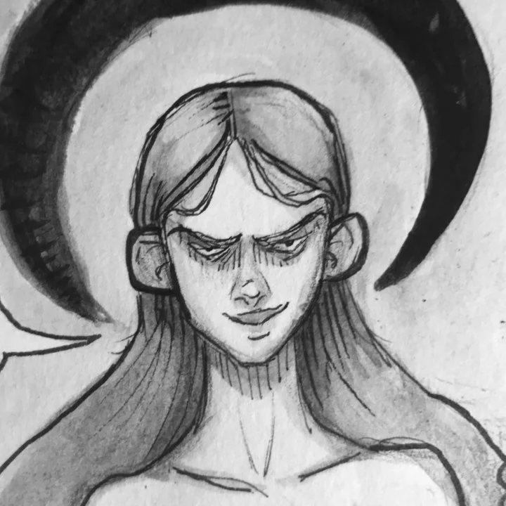 Ink and wash drawing of a long-haired woman with a sly smirk, framed by a large dark crescent behind her head.