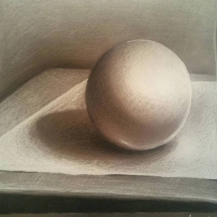 Colored pencil study of a smooth sphere resting on a ledge, lit softly with a long cast shadow.