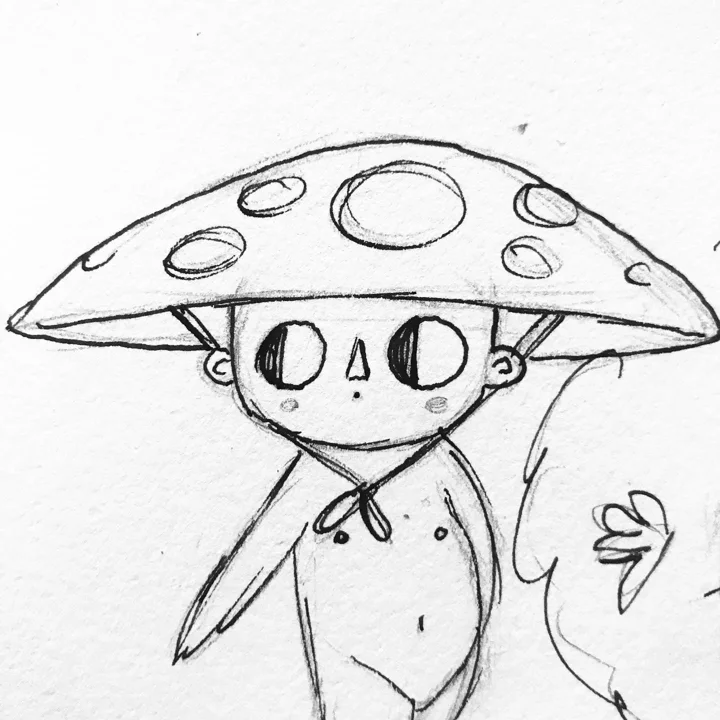 Ink drawing of a small skull-faced creature wearing a wide spotted mushroom cap and a bow at its collar.