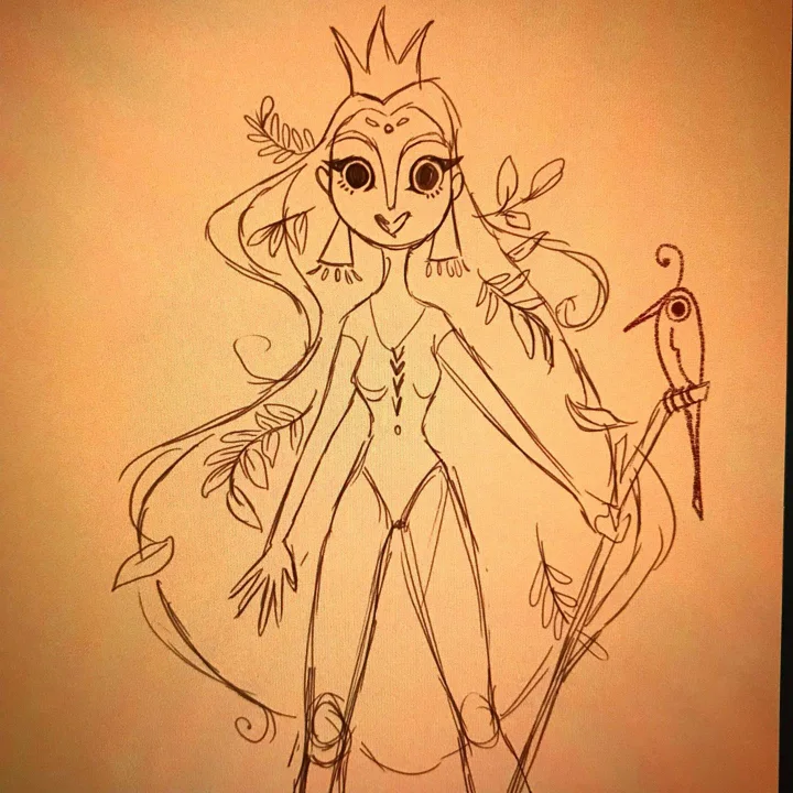 Pencil sketch of a crowned queen with leaves in her flowing hair, holding a staff topped with a bird.