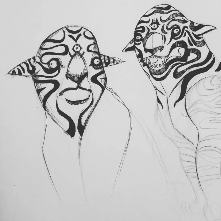 Ink and pencil drawing of two figures in horned masks covered in bold black swirling stripes.