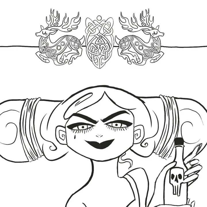 Black line drawing of a smirking girl with looped hair holding a skull-labeled bottle, beneath Celtic knotwork stags.