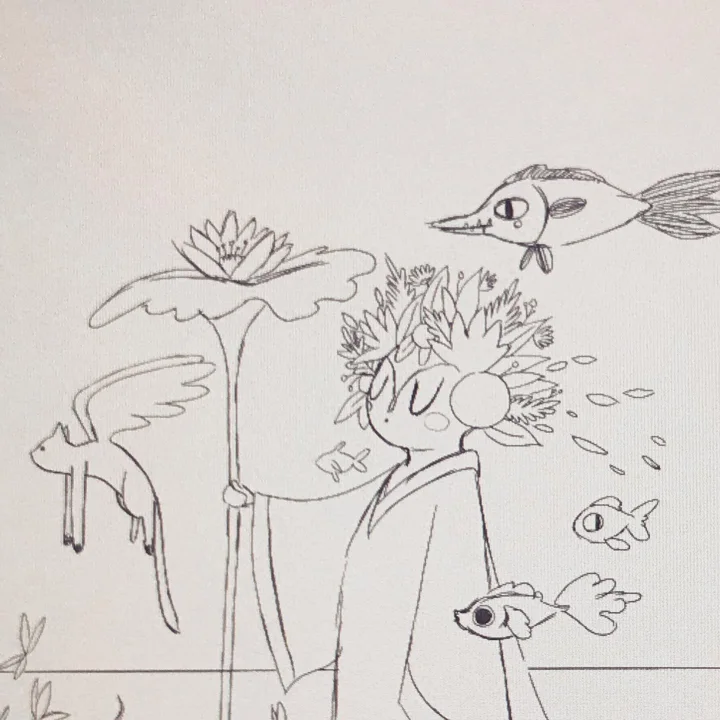 Pencil drawing of a robed figure with a leafy crown holding a lotus staff, surrounded by flying fish and a winged creature.