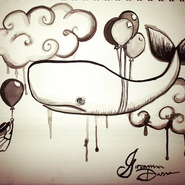 Ink wash drawing of a whale carried through swirling, dripping clouds by a cluster of balloons.