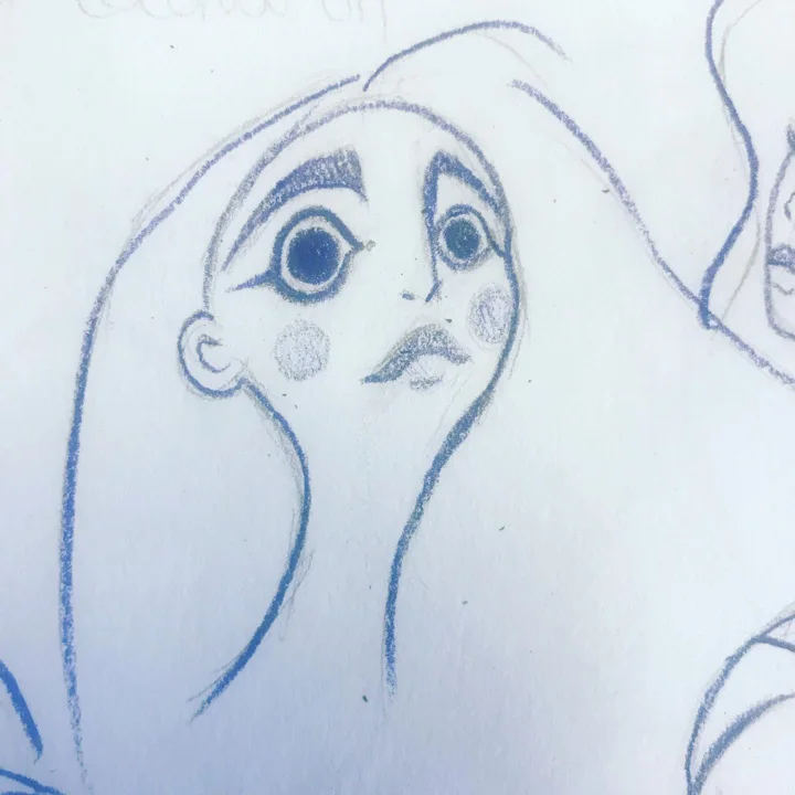 Blue pencil sketch of a stylized girl with huge round eyes, rosy cheeks, and pouting lips.