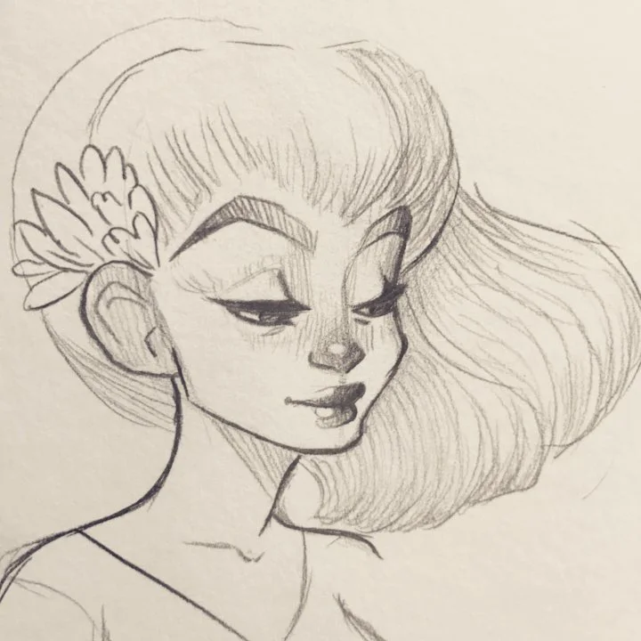 Pencil sketch of a young woman with windswept hair and a flower tucked behind her ear.