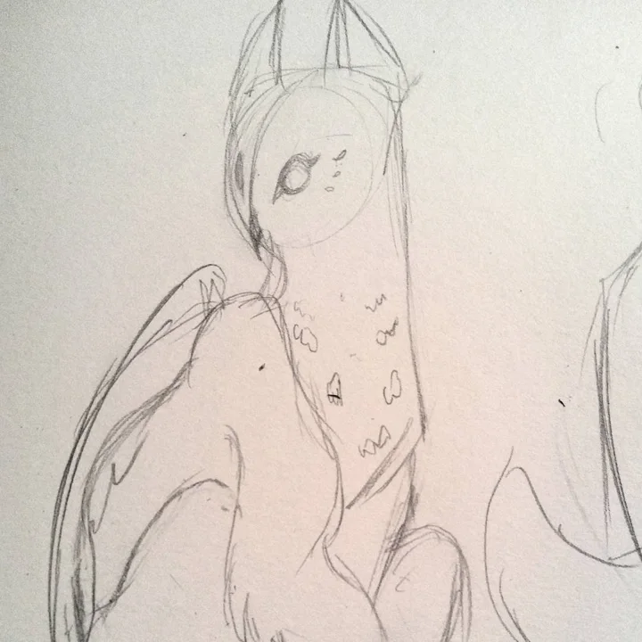 Pencil sketch of a winged, long-necked figure with one visible eye and a cage-like crown.