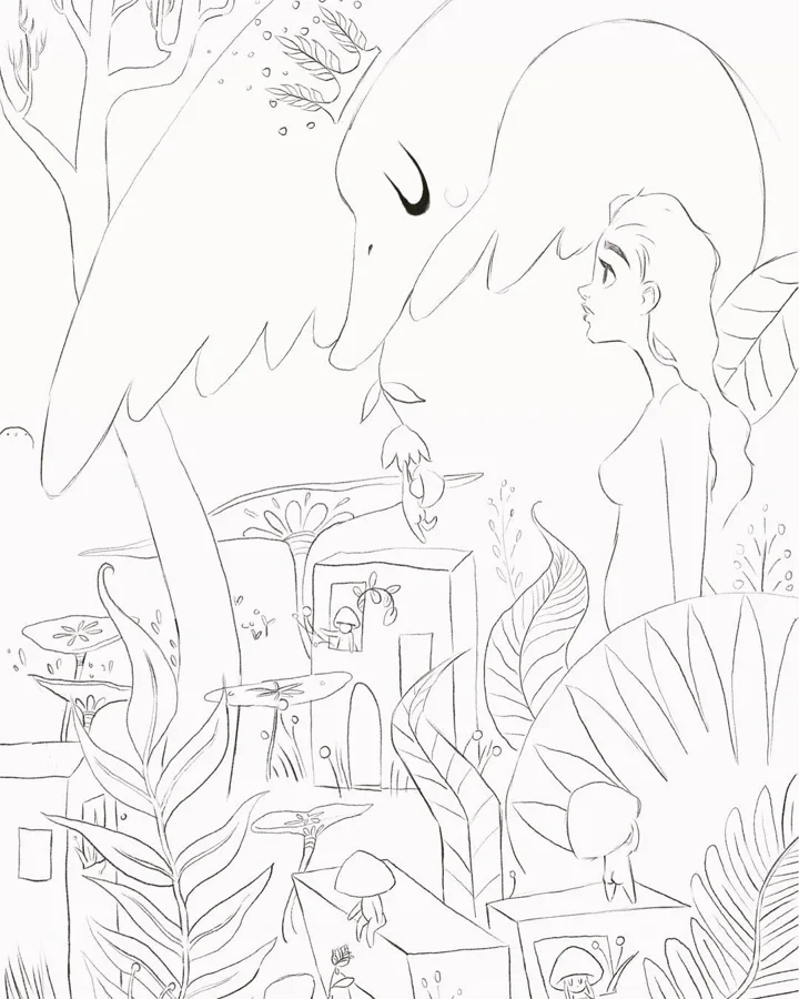 Line drawing of a woman in profile facing a great winged bird in a jungle of ferns, mushrooms, and tiny houses.