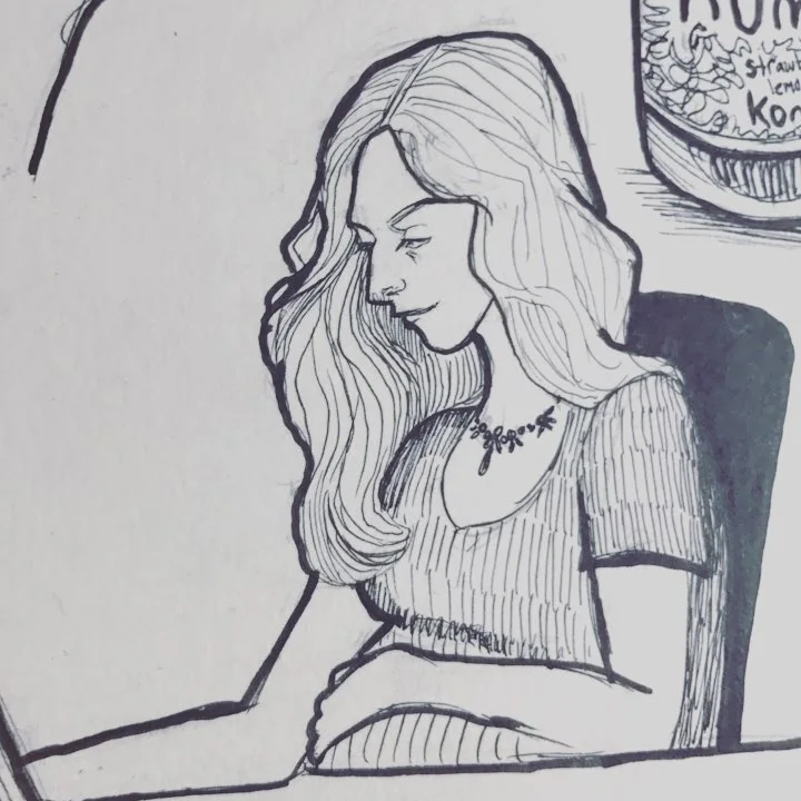Ink drawing of a long-haired woman in a ribbed top seated at a desk, gazing down.