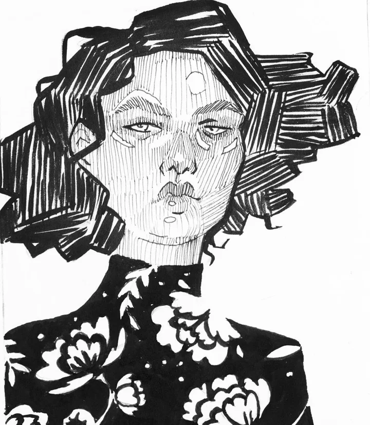 Ink drawing of a woman with wild, blocky black hair and a finely hatched face, wearing a dark floral top.