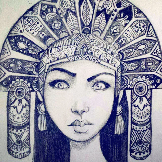 Blue ink drawing of a wide-eyed woman in an intricately patterned fan-shaped headdress with tasseled side panels.