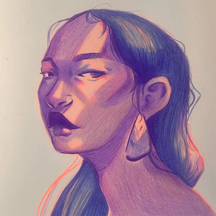 Colored pencil portrait of a long-haired woman with a teardrop earring glancing back, in violet and peach tones.