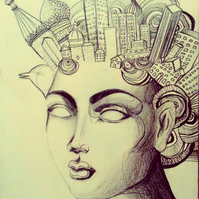 Pencil drawing of a blank-eyed woman whose hair rises into a crown of domes, towers, and skyscrapers.