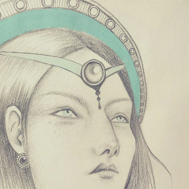 Pencil drawing of a pale-eyed woman wearing a jeweled circlet and a large ornate headdress accented in mint paint.