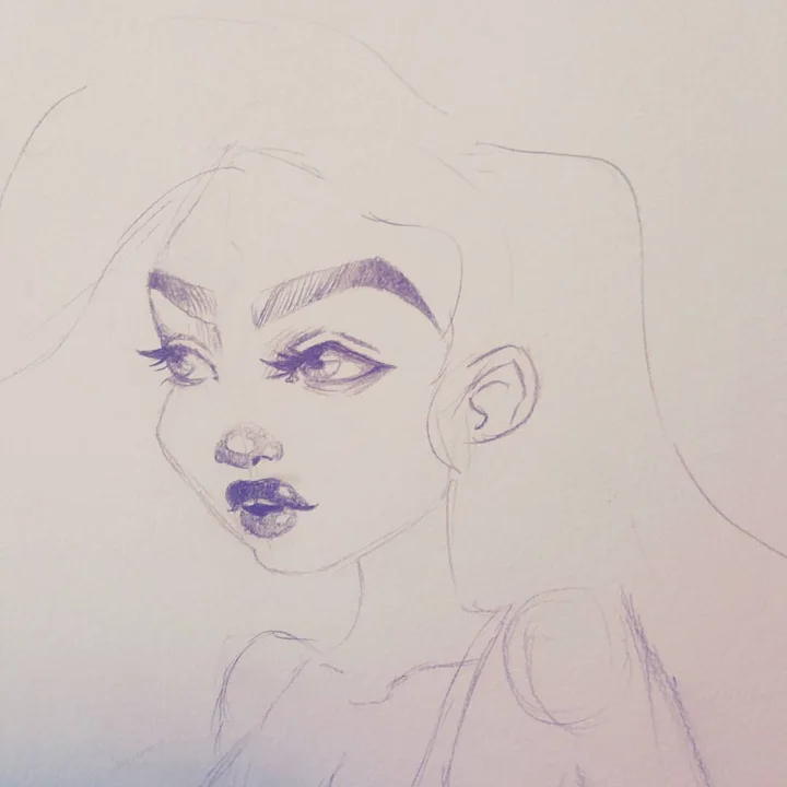 Pencil sketch of a woman with bold arched brows, winged eyeliner, and full purple-tinted lips.