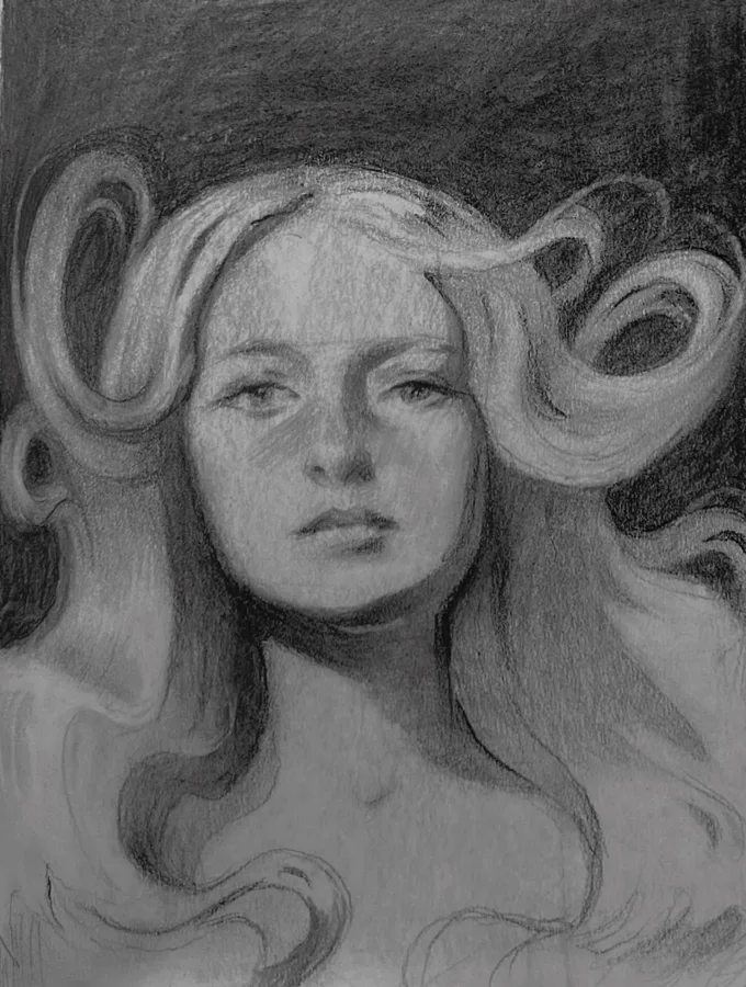 Charcoal drawing of a solemn young woman whose pale hair swirls around her against a dark background.