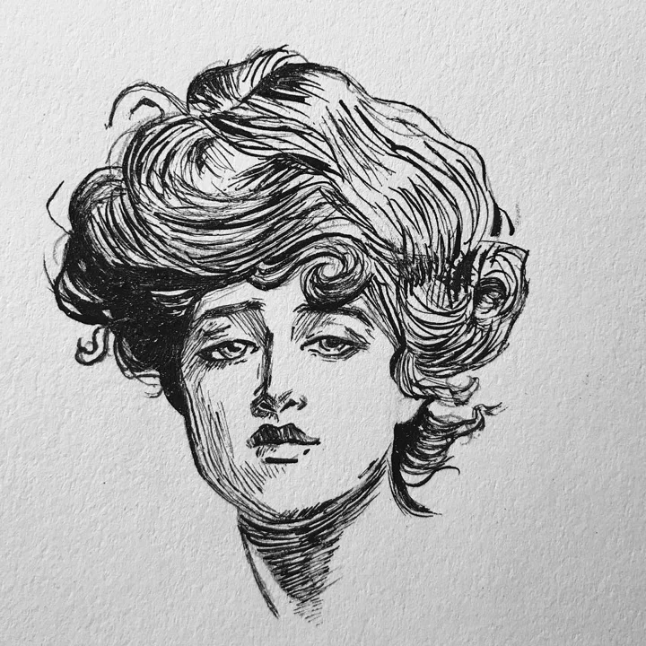 Pen and ink drawing of a woman with voluminous upswept curls and a wistful, heavy-lidded gaze.