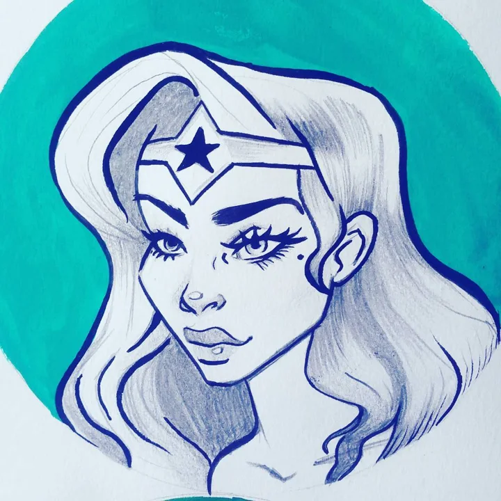 Blue pencil and marker drawing of Wonder Woman with a star tiara and long wavy hair on a painted teal circle.