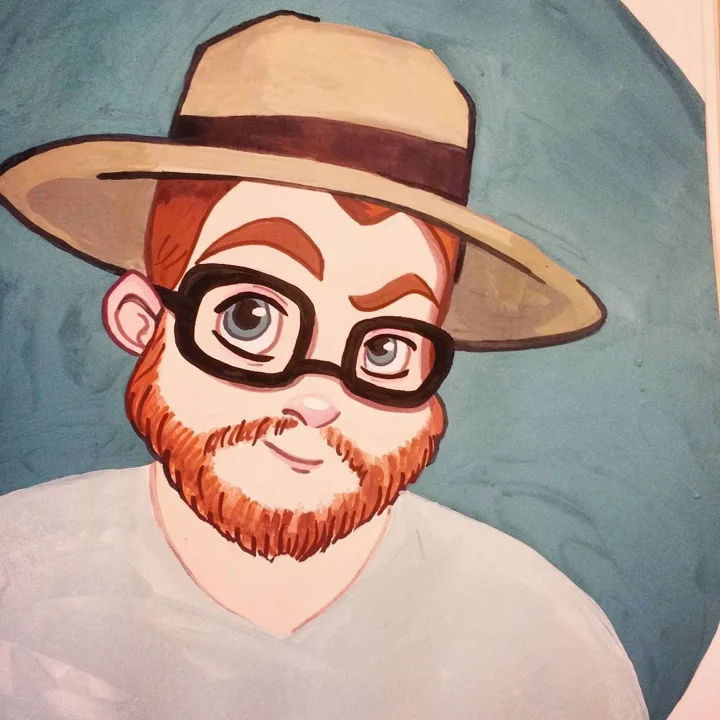 Gouache painting of a man with a ginger beard, black glasses, and a straw hat, in a white T-shirt against a gray-blue circle.