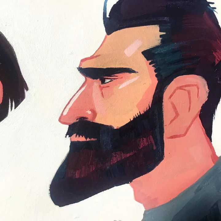 Gouache painting of a bearded man with dark hair in profile, facing another figure cut off at the left edge.