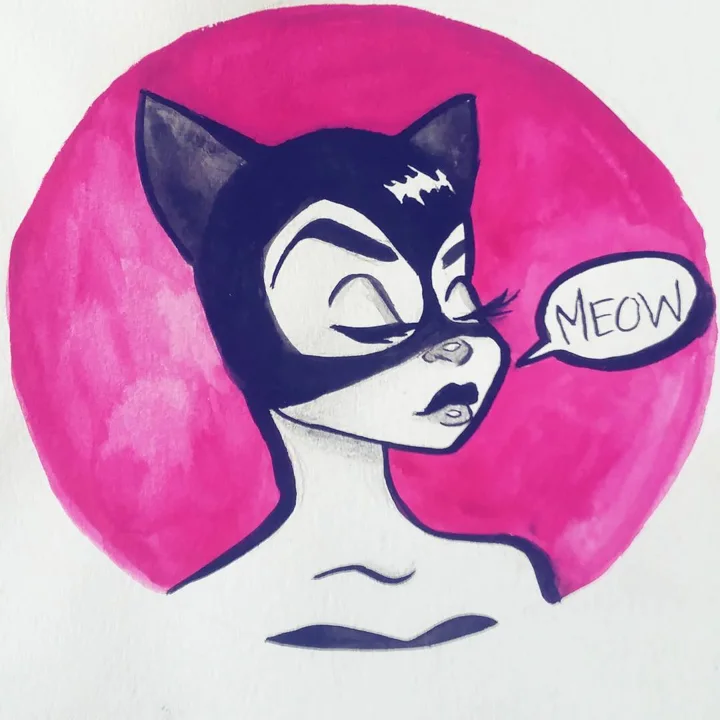 Watercolor and ink portrait of Catwoman in a stitched cat mask with a Meow speech bubble, inside a hot pink circle.