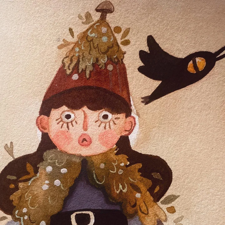 Gouache painting of a wide-eyed child in a tall moss-covered hat topped by a mushroom, with a black bird flying beside.