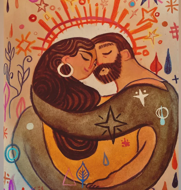 Gouache painting of a bearded man and a long-haired woman embracing beneath radiating orange rays, stars, and drops.