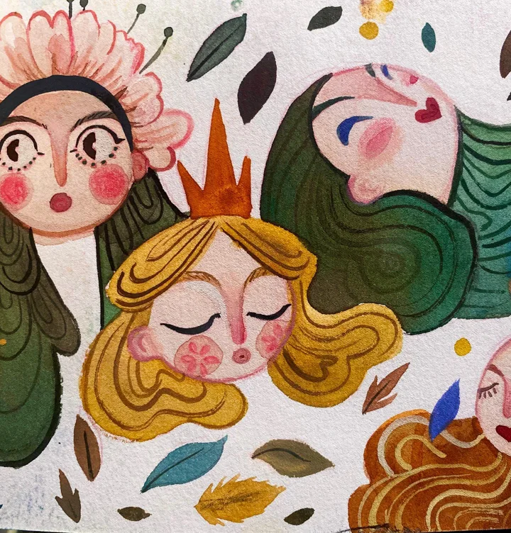 Watercolor and gouache of several stylized girls' faces with flowers in their hair, a small gold crown, and falling leaves.