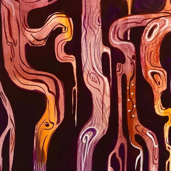 Ink and watercolor painting of flowing, wood-grain-like forms in rose, amber, and violet on a black ground.