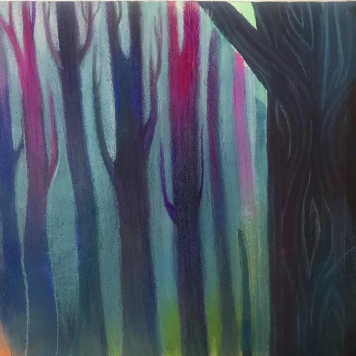 Gouache painting of tall tree trunks in blue, violet, and magenta receding into a misty forest, a dark trunk in front.
