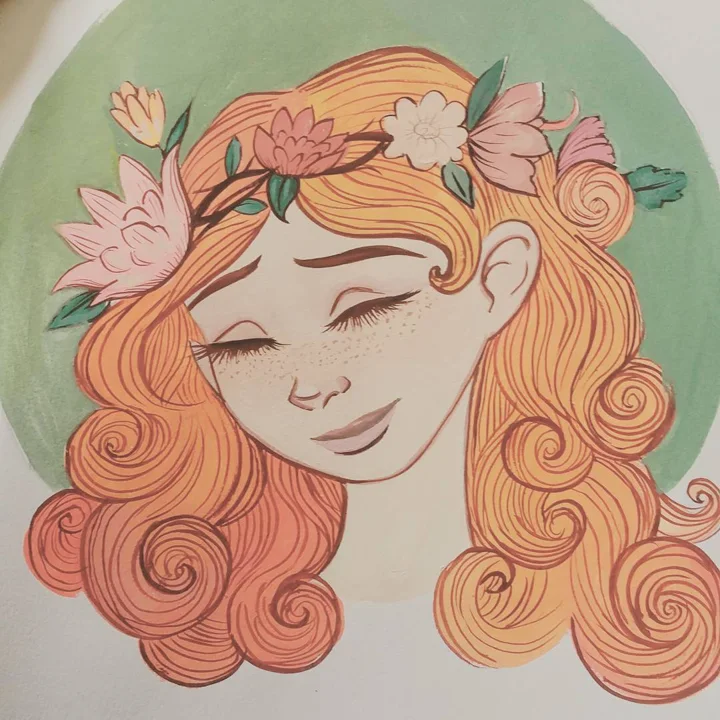 Watercolor of a freckled girl with closed eyes, long peach-colored curls, and a crown of pink and peach flowers.