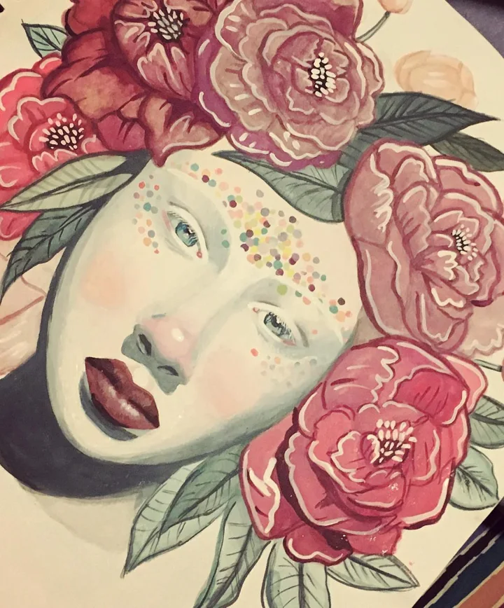 Watercolor of a woman's face framed by pink peonies and leaves, with freckles painted as colorful dots.