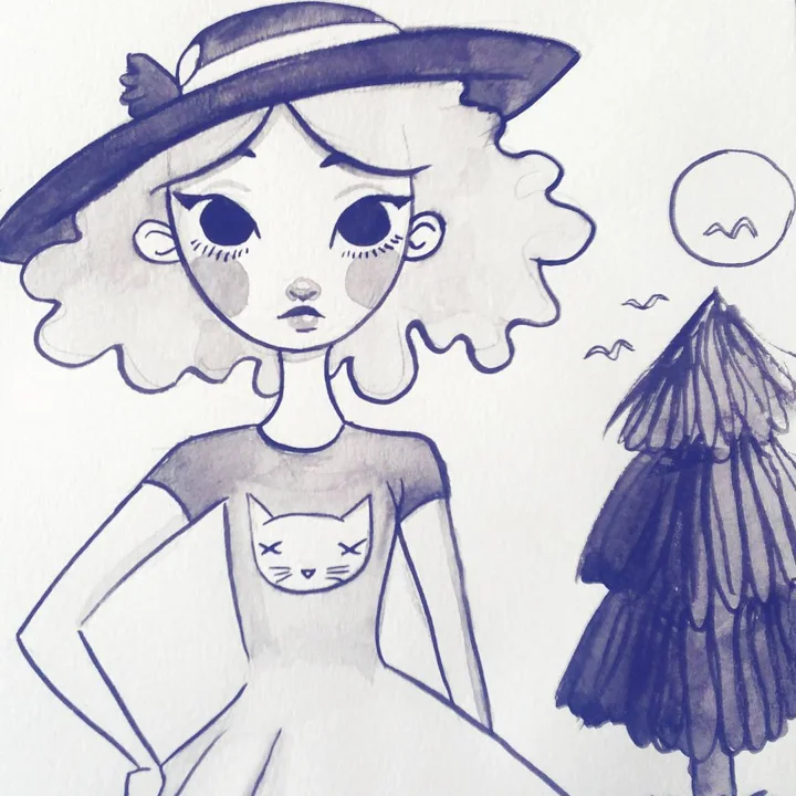 Indigo ink and watercolor drawing of a curly-haired girl in a wide-brimmed hat and cat T-shirt beside a pine tree.