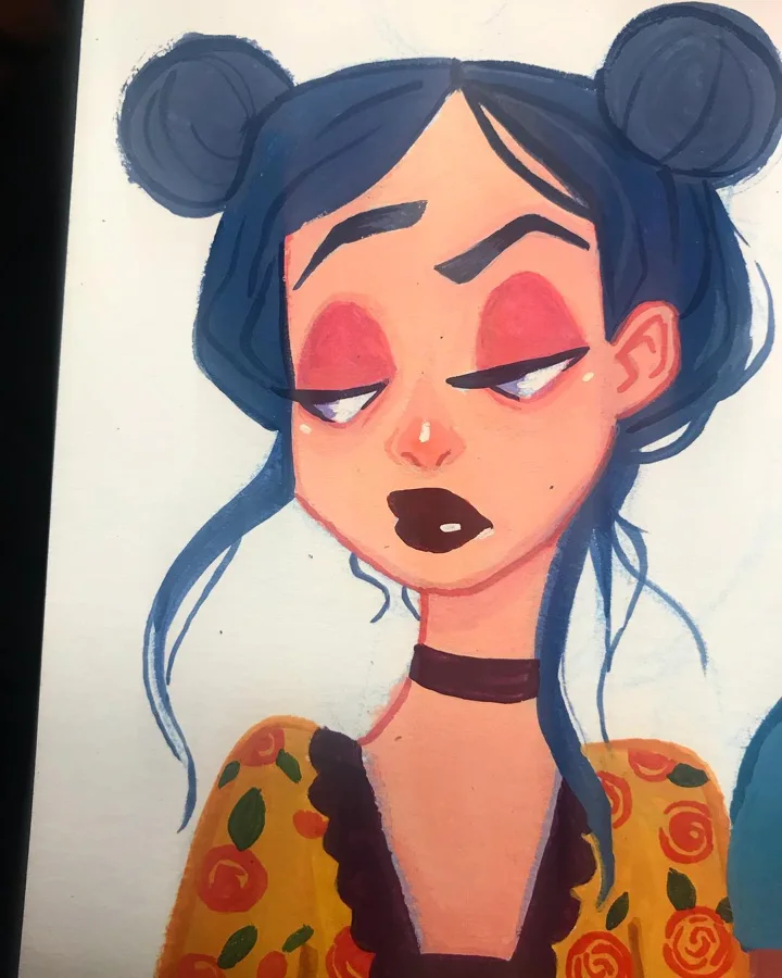 Gouache painting of a girl with blue hair in two buns, pink eyeshadow, dark lips, a black choker, and a rose-print top.